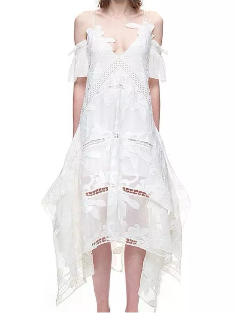 Self Portrait Floral Embroidered Sheer Off Shoulder Midi Dress in white sz 2_NWT